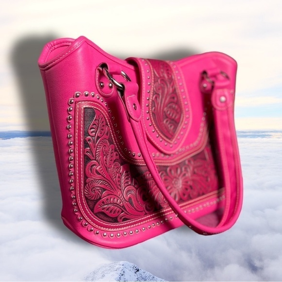 Nwot Montana West Tooled Concealed Handgun Studded Satchel Purse Pink - Picture 2 of 15